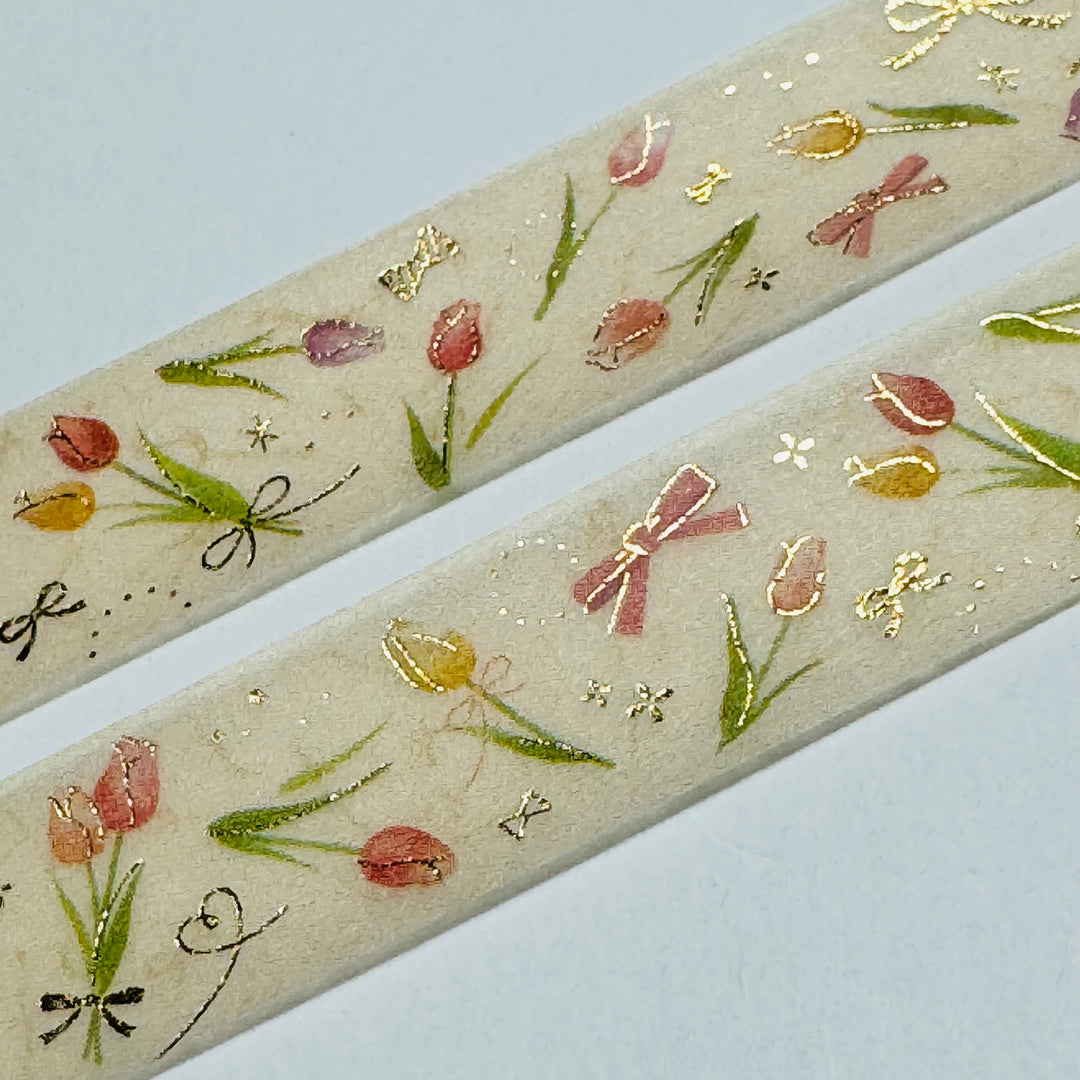 GOLD ROMANTIC TULIPS Floral Foil Saien Masking Washi Tape ~ 1 Roll ~ 15mm x 7m (23 Feet)