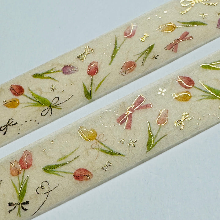 GOLD ROMANTIC TULIPS Floral Foil Saien Masking Washi Tape ~ 1 Roll ~ 15mm x 7m (23 Feet)