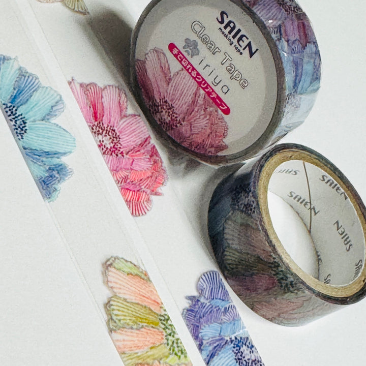 PINK & BLUE PIVOINE PEONIES Floral PET Saien Washi Tape ~ 1 Roll ~ 15mm x 3m (10 Feet)