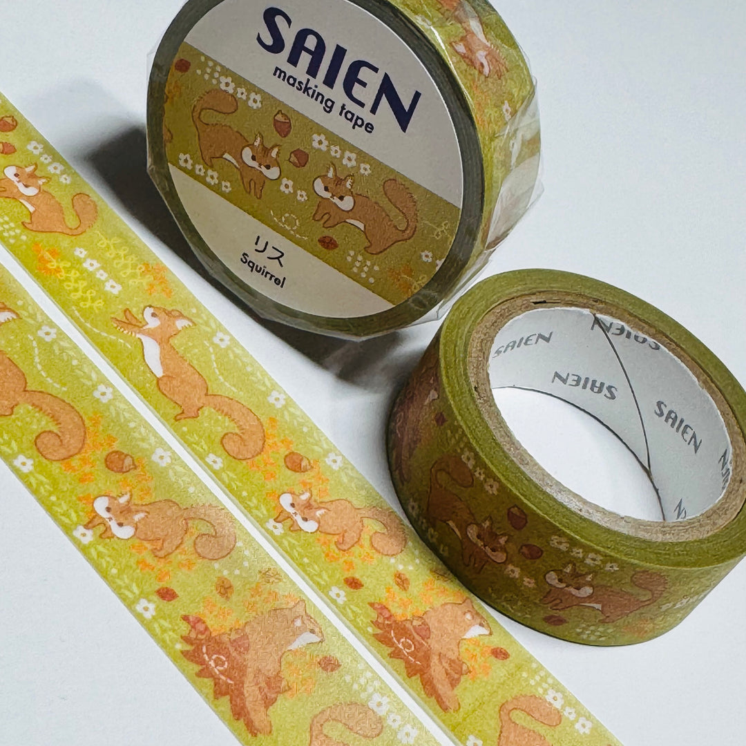 PLAYFUL SQUIRRELS Autumn Saien Masking Washi Tape ~ 1 Roll ~ 15mm x 7m (23 Feet)