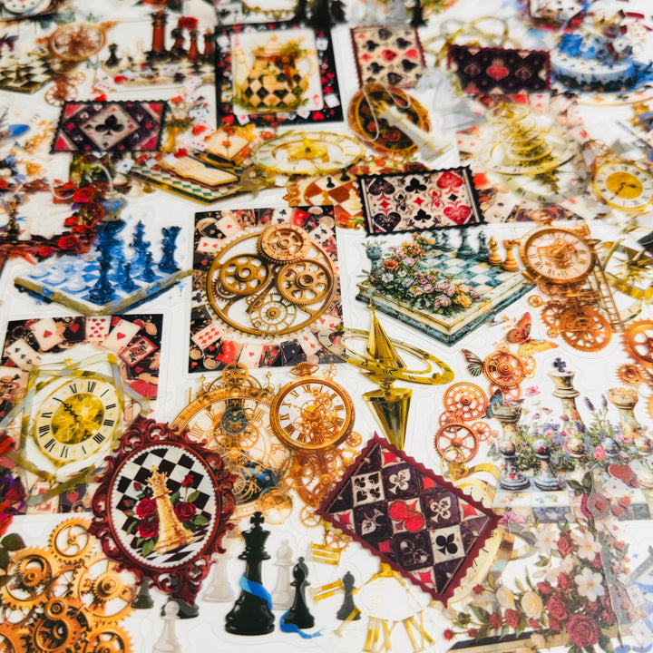 IT'S ALICE'S TIME GAME Matchbox Peelable Stickers Large Amount ~ 100 Pieces ~ 65-60mm Each