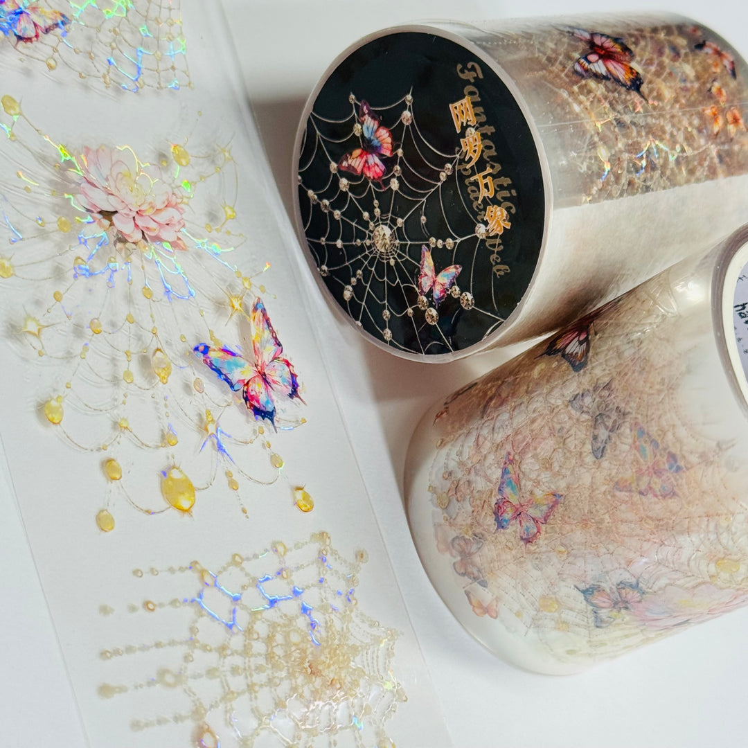 IRRIDESCENT PEACH BUTTERFLY SPIDERWEBS Halloween PET Washi Tape ~ 1 Roll ~ 50mm x 2m (7 Feet)