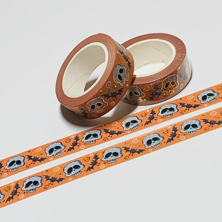 CRANIUM SKULL & BATS Gold Foil Halloween Washi Tape ~ 1 Roll ~ 15mm x 10m (33 Feet)