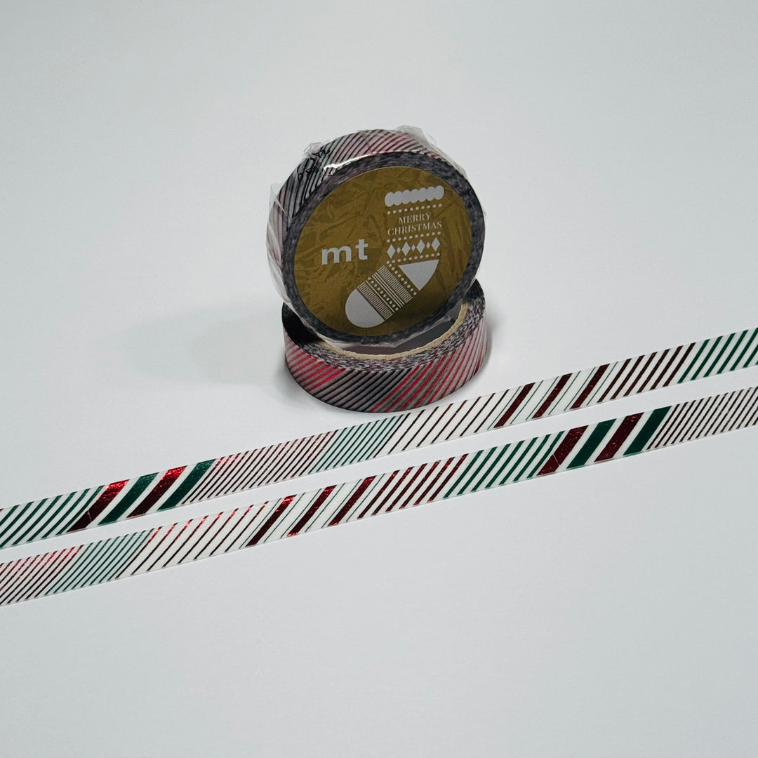 COLOR STRIPE CHRISTMAS RED & GREEN FOIL MT Washi Tape ~ 1 Roll ~ 10mm x 5m (16 Feet)