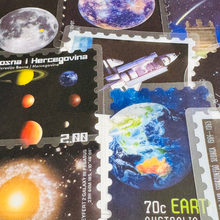 SCIENTIFIC GALAXY NIGHT SKY Space Stamp Peelable PET Stickers  ~ 55 Pieces ~ Approximately 2 Inches Each