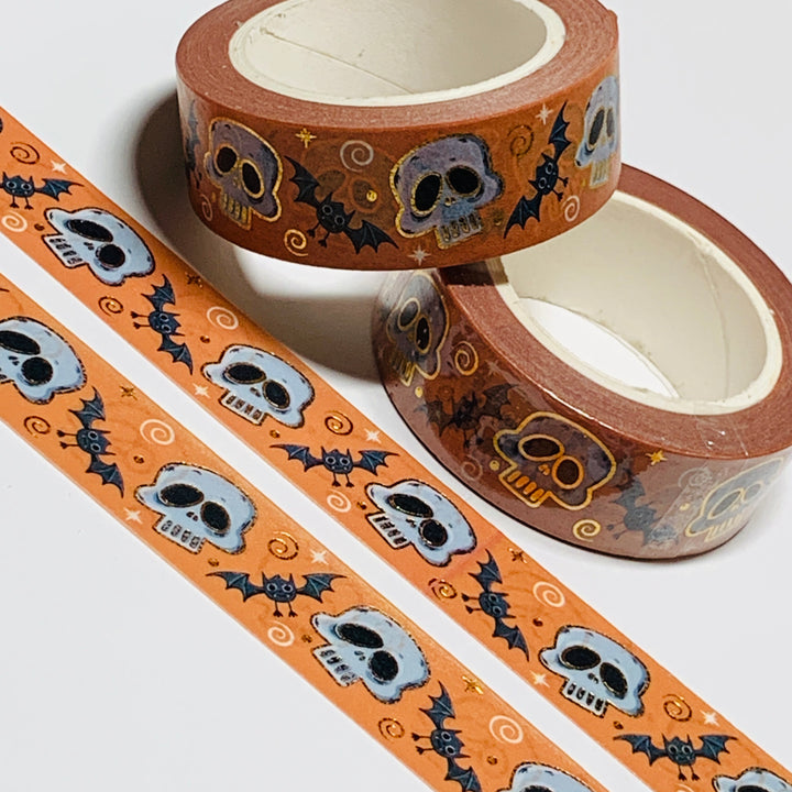 CRANIUM SKULL & BATS Gold Foil Halloween Washi Tape ~ 1 Roll ~ 15mm x 10m (33 Feet)