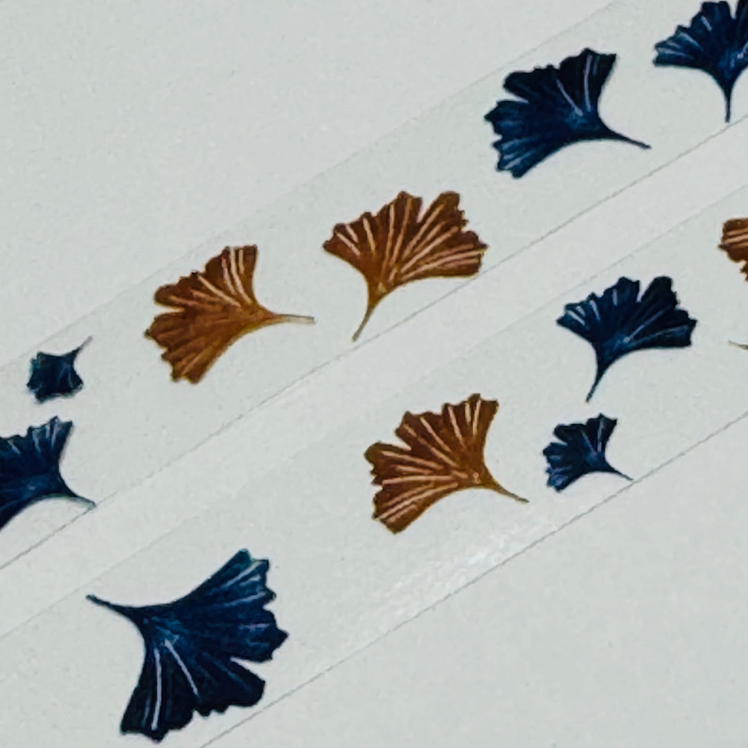 GINKGO FALL LEAVES Blue & Brown PET Saien Washi Tape ~ 1 Roll ~ 15mm x 3m (10 Feet)