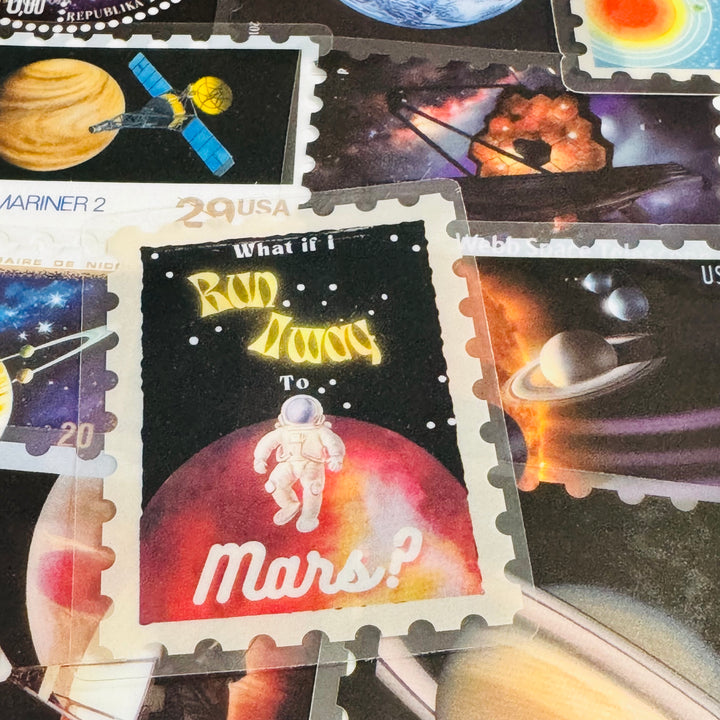 SCIENTIFIC GALAXY NIGHT SKY Space Stamp Peelable PET Stickers  ~ 55 Pieces ~ Approximately 2 Inches Each