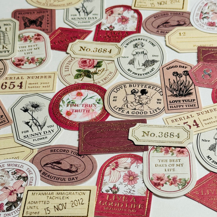 RECORD MY LIFE MOMENTS Gold Foil Label Stickers Box ~ 40 Stickers ~ 46-57mm Each