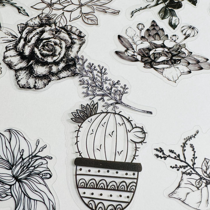 MONOCHROMATIC BLACK SKETCHED Flowers Transparent Peelable Sticker Ephemera Pack ~ 60  Pieces ~ Each Sticker is  20-50mm