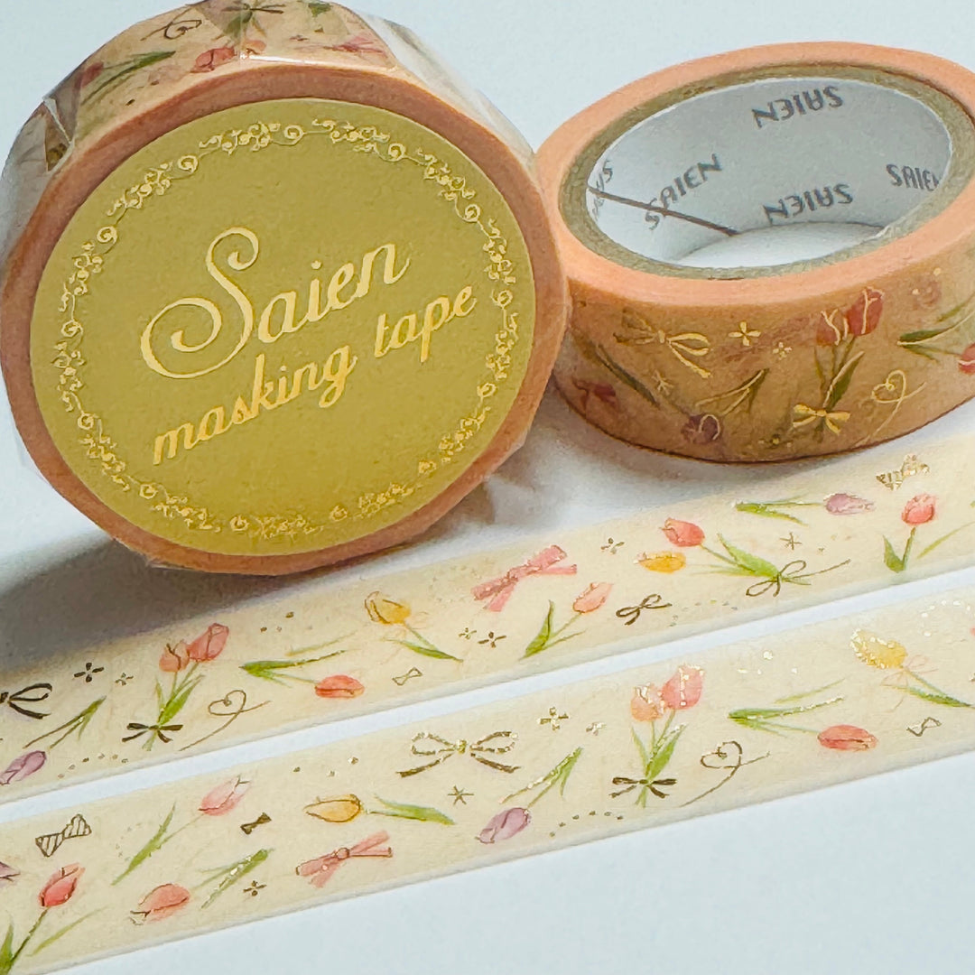 GOLD ROMANTIC TULIPS Floral Foil Saien Masking Washi Tape ~ 1 Roll ~ 15mm x 7m (23 Feet)