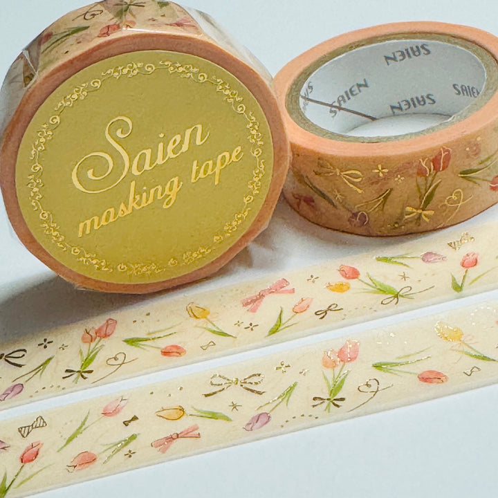 GOLD ROMANTIC TULIPS Floral Foil Saien Masking Washi Tape ~ 1 Roll ~ 15mm x 7m (23 Feet)