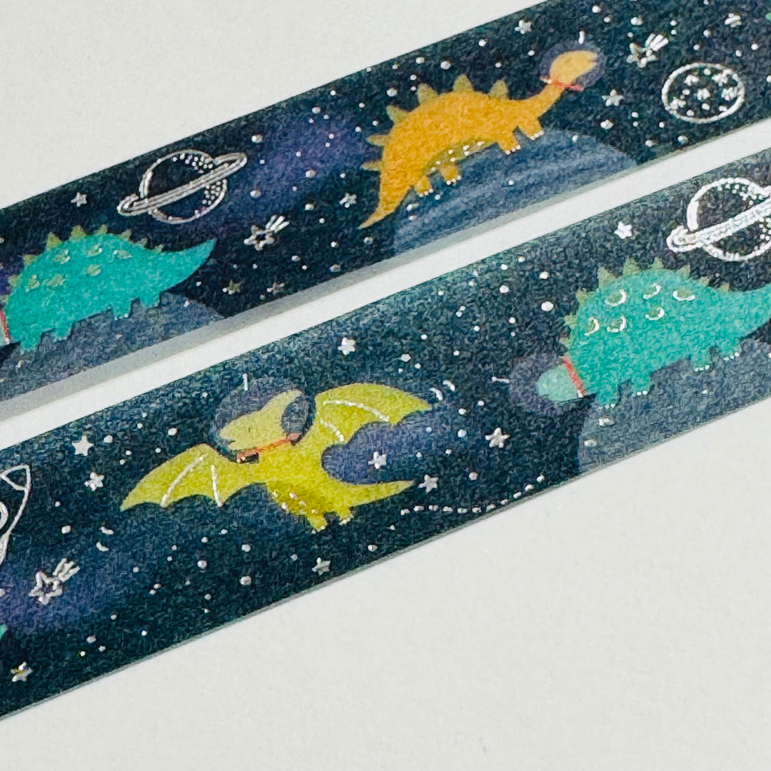 DINOSAURS In SPACE SILVER Foil Saien Masking Washi Tape ~ 1 Roll ~ 15mm x 7m (23 Feet)