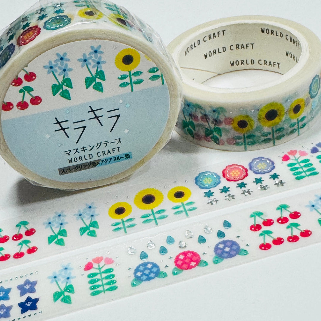 SUMMER BLOSSOMS Silver Accent Flowers World Craft Washi Tape ~ 1 Roll ~ 15mm x 5m (16 Feet)