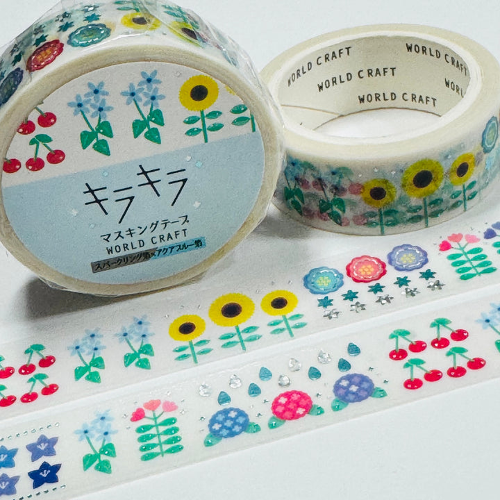 SUMMER BLOSSOMS Silver Accent Flowers World Craft Washi Tape ~ 1 Roll ~ 15mm x 5m (16 Feet)
