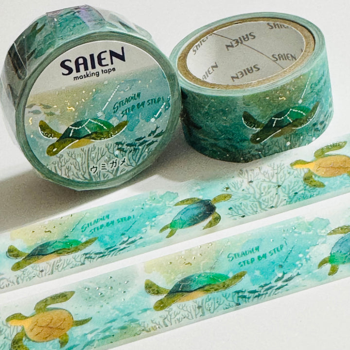 SWIMMING SEA TURTLES  Silver Foil Saien Masking Washi Tape ~ 1 Roll ~ 20mm x 5m (16 Feet)