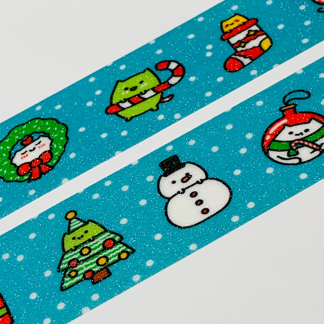 GLITTERY CAT BLUE CHRISTMAS ICONS Robot Dance Battle Washi Tape ~ 1 Roll ~ 25mm x 5m (16 Feet)