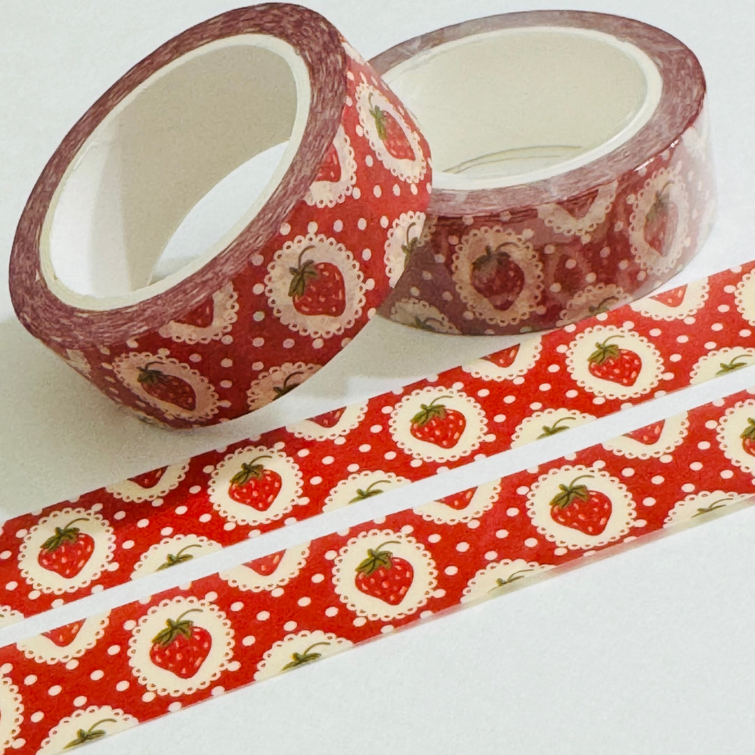 VINTAGE RED STRAWBERRIES On Doilies Washi Tape ~ 1 Roll ~ 15mm x 10m (33 Feet)