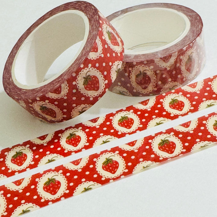 VINTAGE RED STRAWBERRIES On Doilies Washi Tape ~ 1 Roll ~ 15mm x 10m (33 Feet)