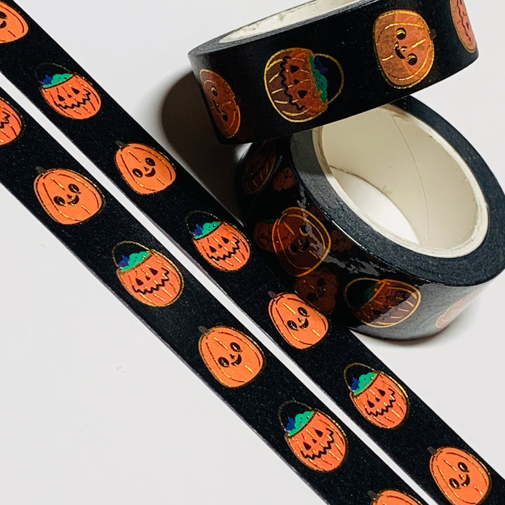 DECORATIVE JACK-O-LANTERNS IN Gold Foil Halloween Washi Tape ~ 1 Roll ~ 15mm x 10m (33 Feet)