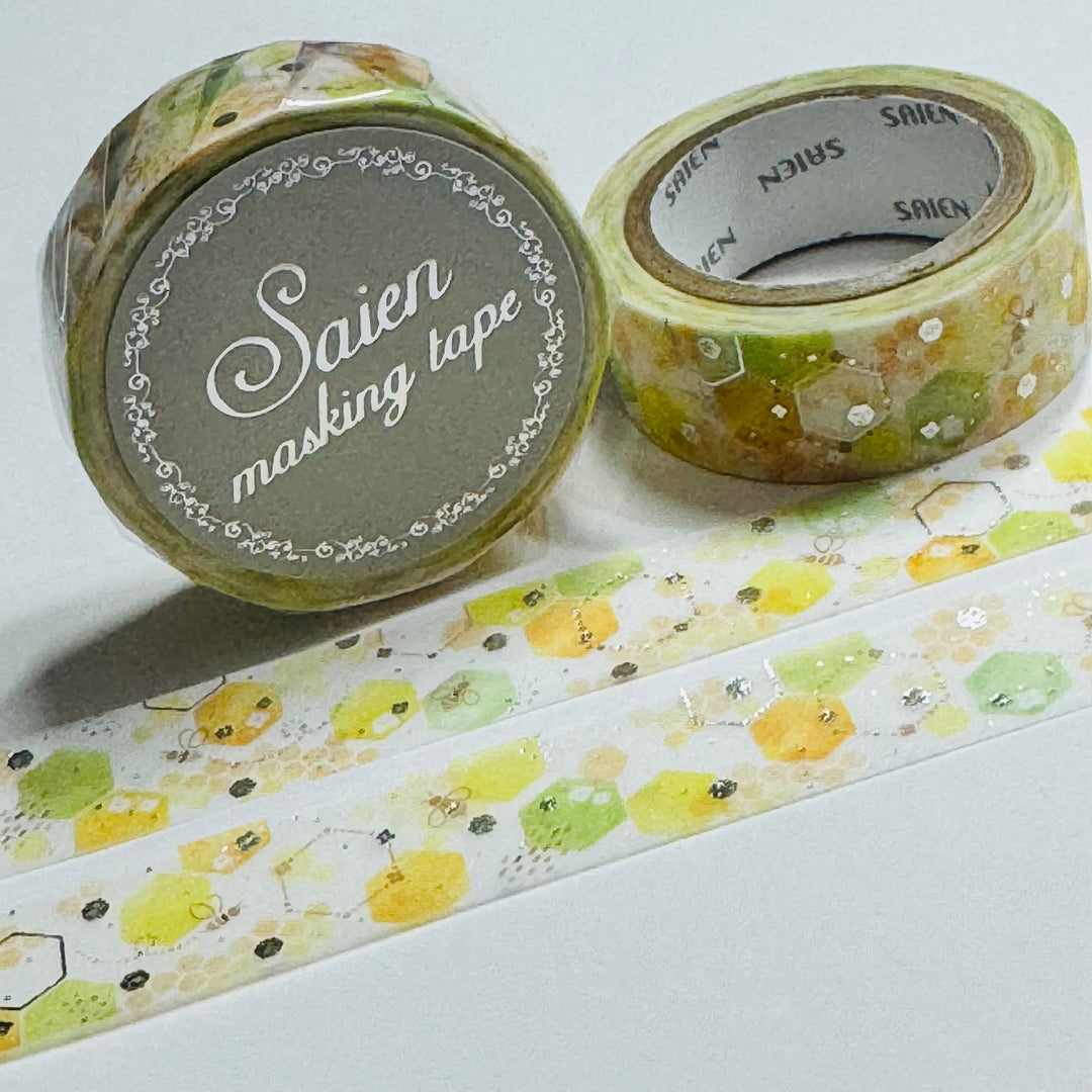 HONEYCOMB & SUN SPOTS Silver Foil Saien Masking Washi Tape ~ 1 Roll ~ 15mm x 7m (23 Feet)