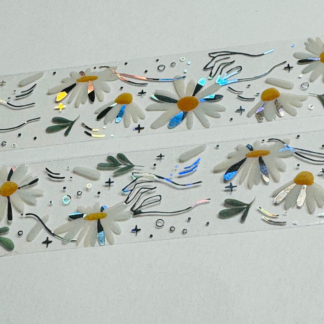 HE LOVES ME LOVES ME NOT Silver Foil Daisies Saien Masking PET Washi Tape ~ 1 Roll ~ 20mm x 3m (10 Feet)