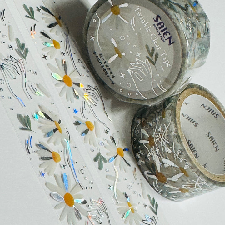HE LOVES ME LOVES ME NOT Silver Foil Daisies Saien Masking PET Washi Tape ~ 1 Roll ~ 20mm x 3m (10 Feet)
