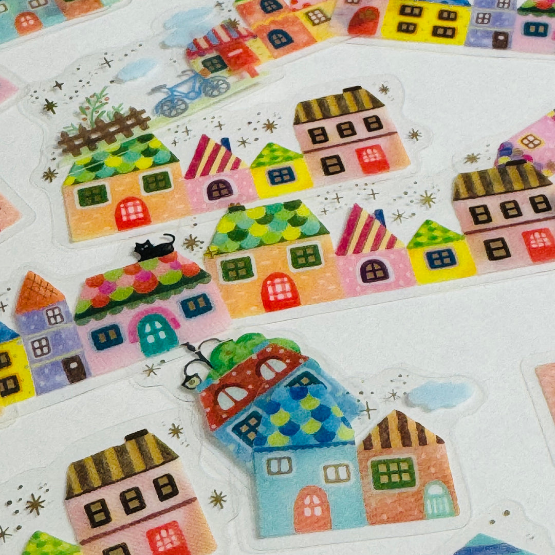 RAINBOW ROW HOUSES Neighborhood Gold Foil World Craft Sticker Flakes Pack ~ 36 Stickers ~ 12 Designs (3 of Each Design)