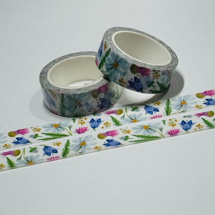 BLUEBELLS AND DAISIES PASTEL FLORAL Washi Tape - 1 Roll - 15mm x 10m (33 Feet)