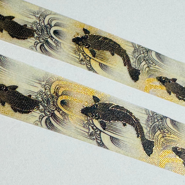 KIMONO BLACK & GOLD CARP Silver Foil Saien Washi Tape ~ 1 Roll ~ 15mm x 7m (23 Feet)