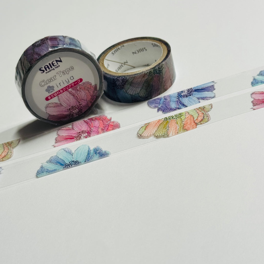 PINK & BLUE PIVOINE PEONIES Floral PET Saien Washi Tape ~ 1 Roll ~ 15mm x 3m (10 Feet)