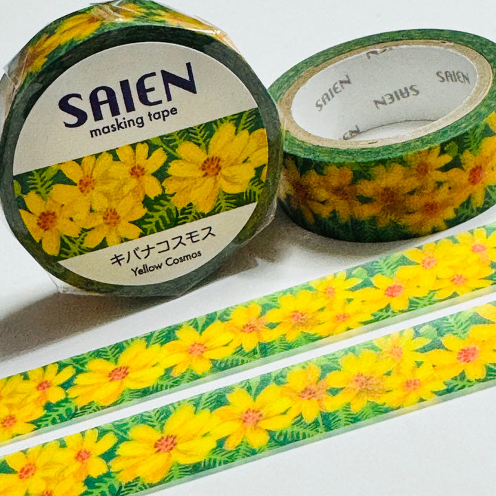 GOLDEN YELLOW COSMOS Floral Saien Masking Washi Tape ~ 1 Roll ~ 15mm x 7m (23 Feet)
