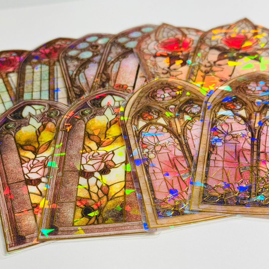 CATHEDRAL ROSE STAINED Glass Windows Gold Foil Peelable Stickers ~ 10 Large Stickers ~ 60-120mm