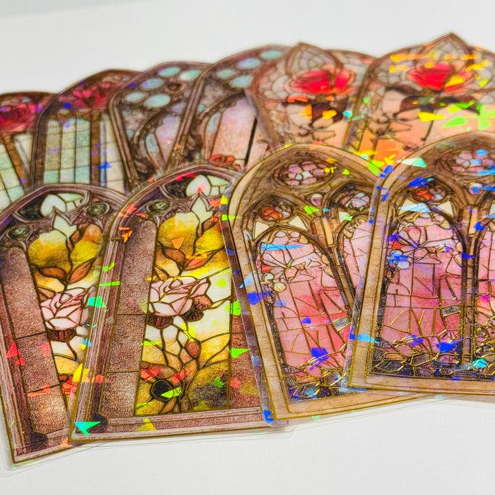 CATHEDRAL ROSE STAINED Glass Windows Gold Foil Peelable Stickers ~ 10 Large Stickers ~ 60-120mm
