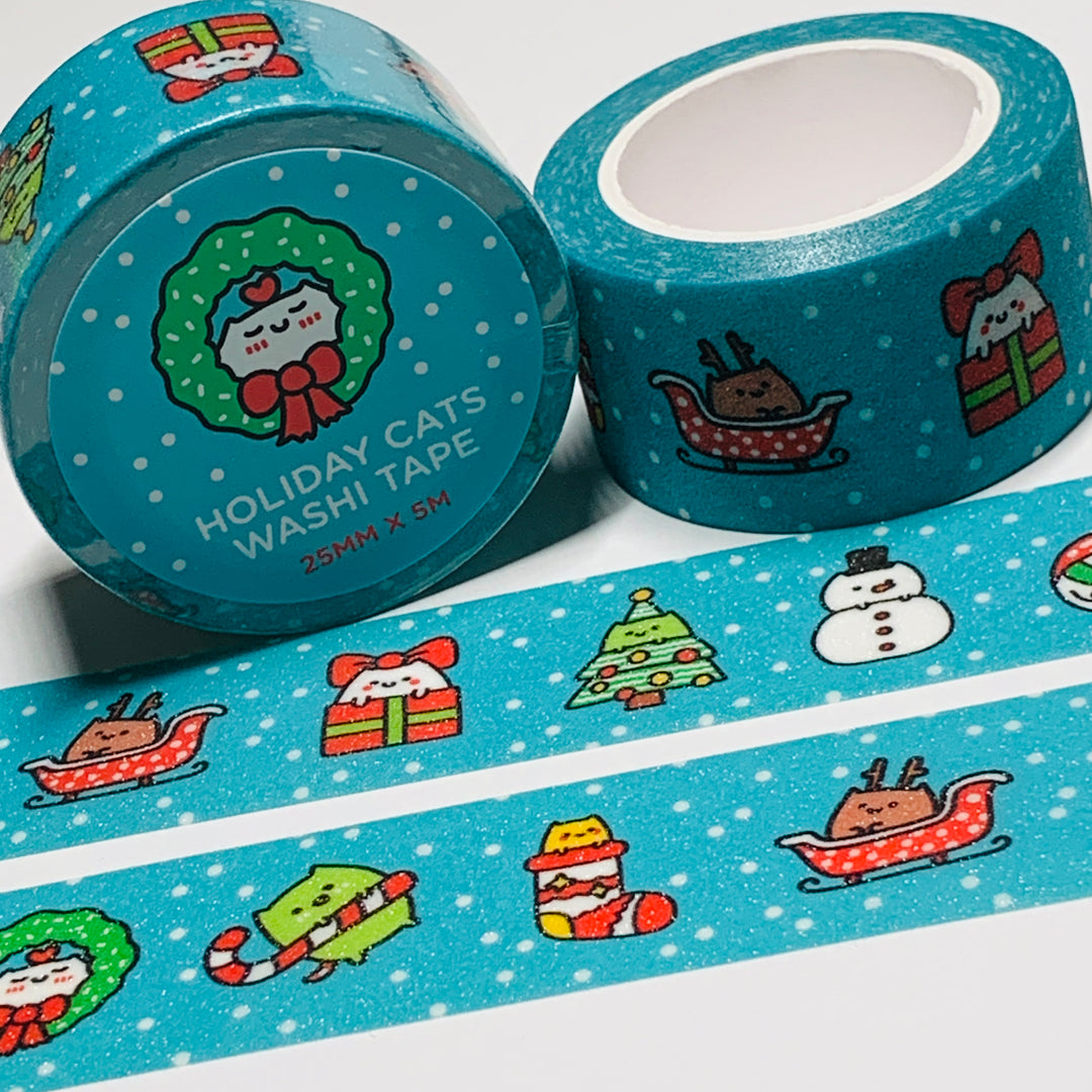 GLITTERY CAT BLUE CHRISTMAS ICONS Robot Dance Battle Washi Tape ~ 1 Roll ~ 25mm x 5m (16 Feet)