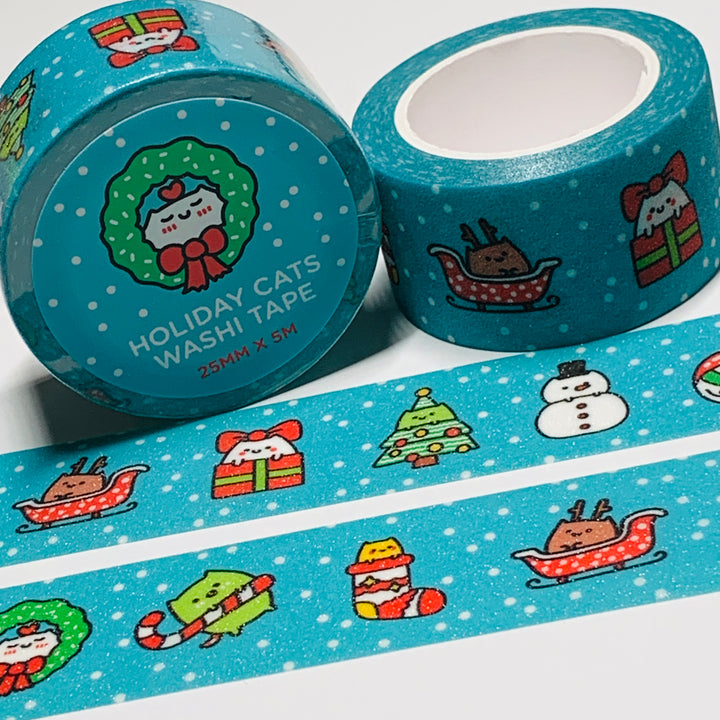 GLITTERY CAT BLUE CHRISTMAS ICONS Robot Dance Battle Washi Tape ~ 1 Roll ~ 25mm x 5m (16 Feet)