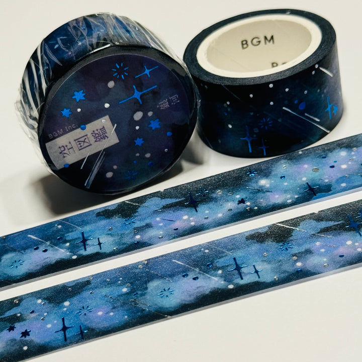 MIDNIGHT METEOR SHOWER With Blue and Silver Foil Washi Tape By BGM ~ 1 Roll ~ 20mm x 5m (16 Feet)