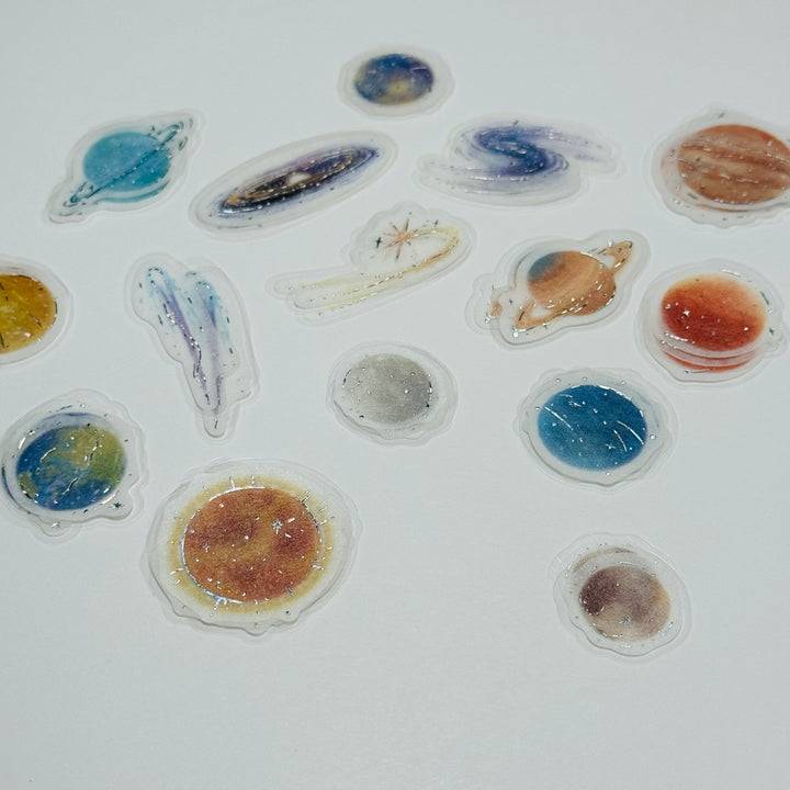 GALACTIC PLANETS & MOON BGM Silver Sticker Flakes Pack ~ 45 Pieces