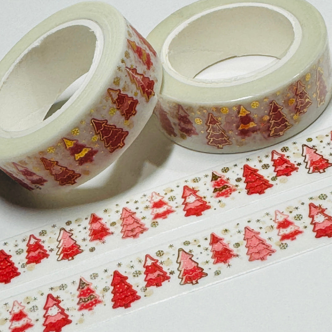 VINTAGE PINK CHRISTMAS TREES Gold Foil Washi Tape ~ 1 Roll ~ 15mm x 10m (33 Feet)