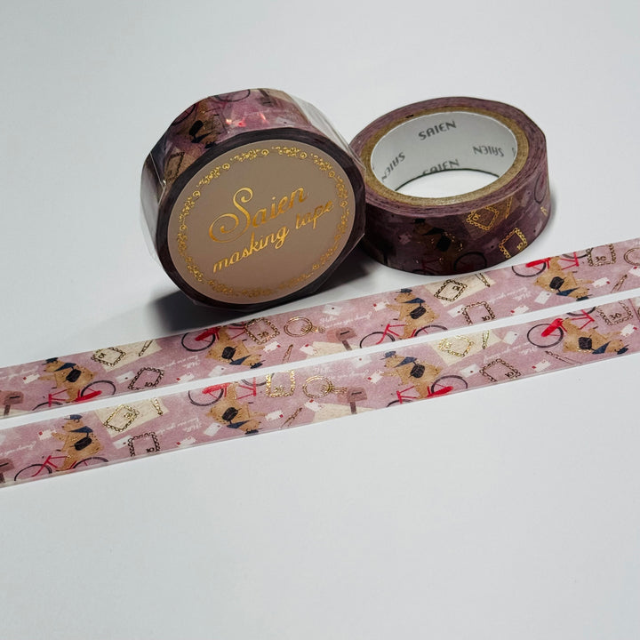 MR POSTMAN DELIVERING LOVE LETTERS Gold Foil Saien Masking Washi Tape ~ 1 Roll ~ 15mm x 7m (23 Feet)