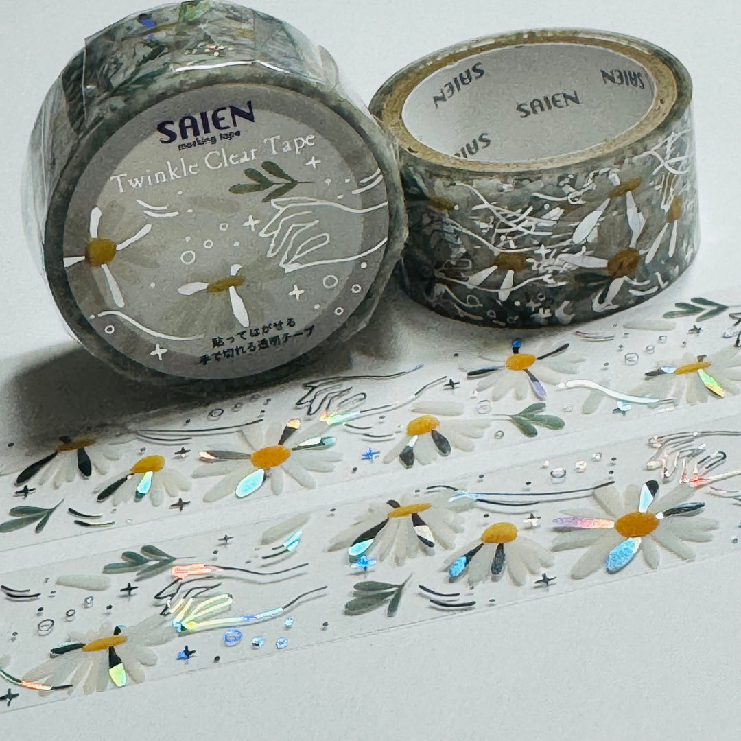 HE LOVES ME LOVES ME NOT Silver Foil Daisies Saien Masking PET Washi Tape ~ 1 Roll ~ 20mm x 3m (10 Feet)