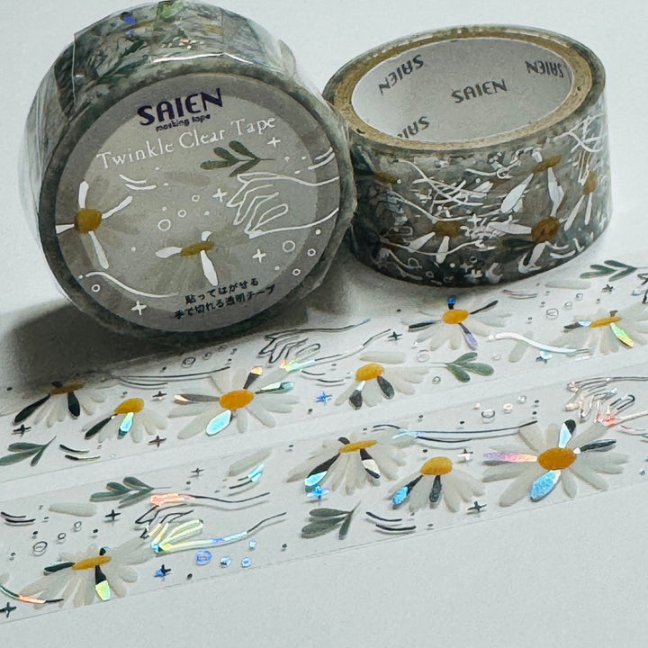 HE LOVES ME LOVES ME NOT Silver Foil Daisies Saien Masking PET Washi Tape ~ 1 Roll ~ 20mm x 3m (10 Feet)