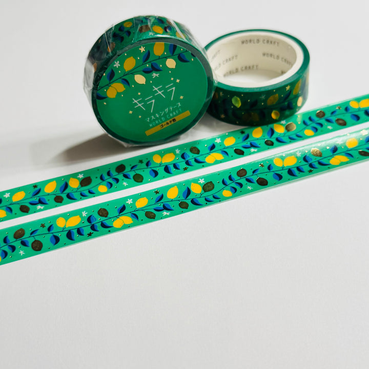 GLAMOROUS LEMON TREE Gold Accent Flowers World Craft Washi Tape ~ 1 Roll ~ 15mm x 5m (16 Feet)