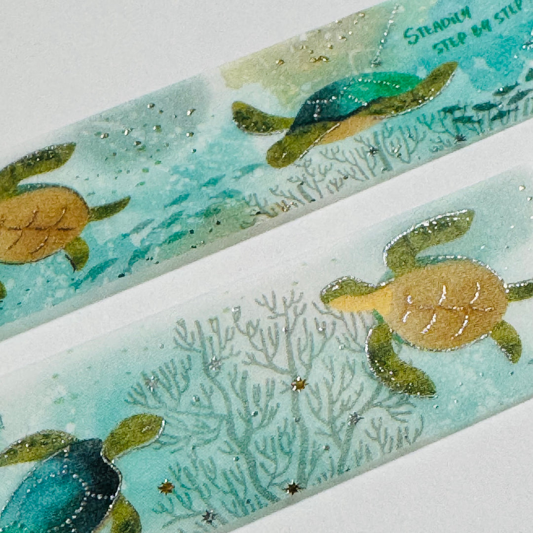 SWIMMING SEA TURTLES  Silver Foil Saien Masking Washi Tape ~ 1 Roll ~ 20mm x 5m (16 Feet)