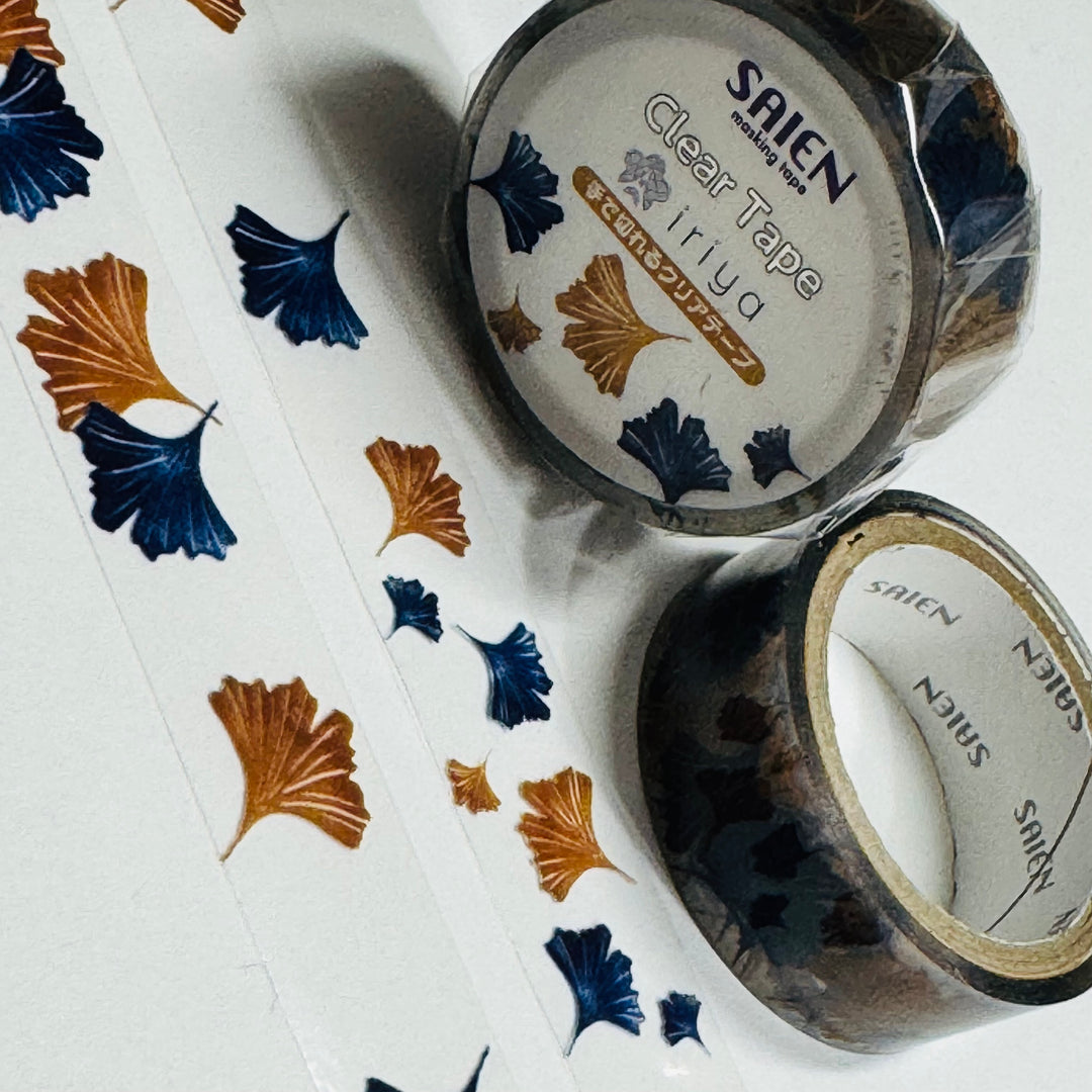 GINKGO FALL LEAVES Blue & Brown PET Saien Washi Tape ~ 1 Roll ~ 15mm x 3m (10 Feet)