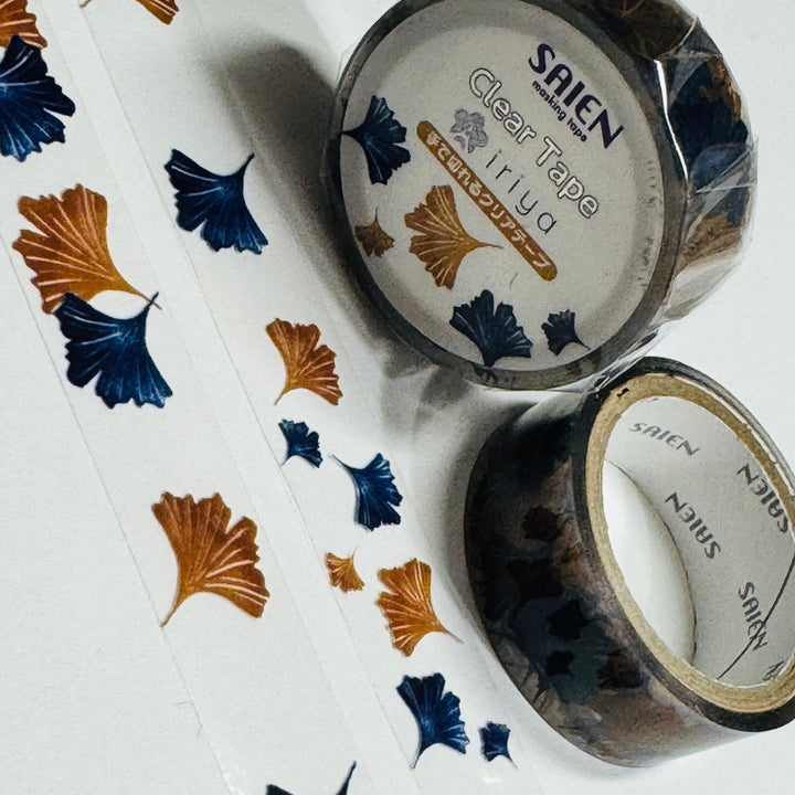 GINKGO FALL LEAVES Blue & Brown PET Saien Washi Tape ~ 1 Roll ~ 15mm x 3m (10 Feet)
