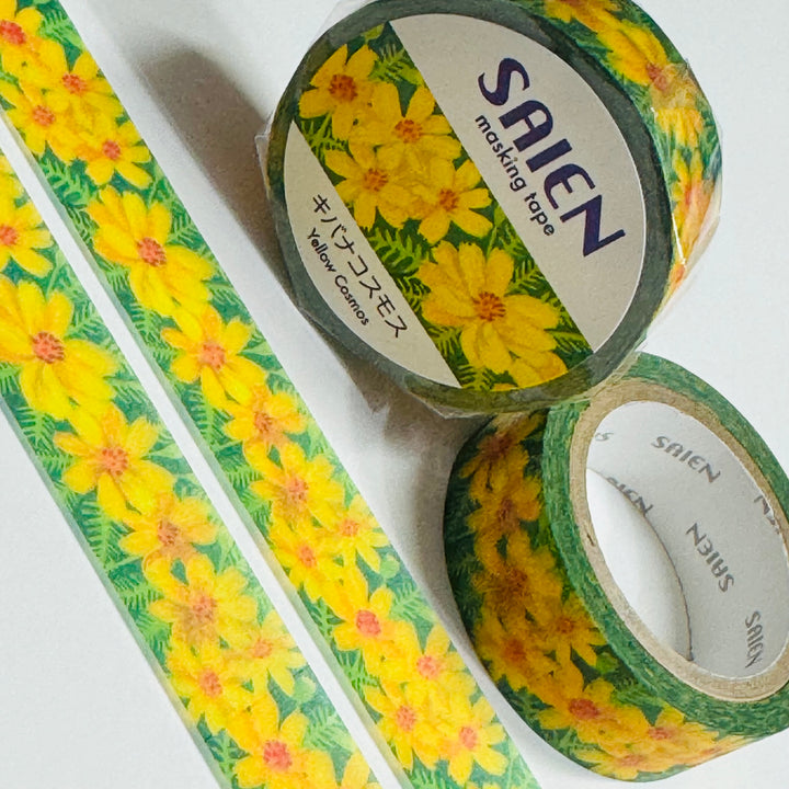 GOLDEN YELLOW COSMOS Floral Saien Masking Washi Tape ~ 1 Roll ~ 15mm x 7m (23 Feet)