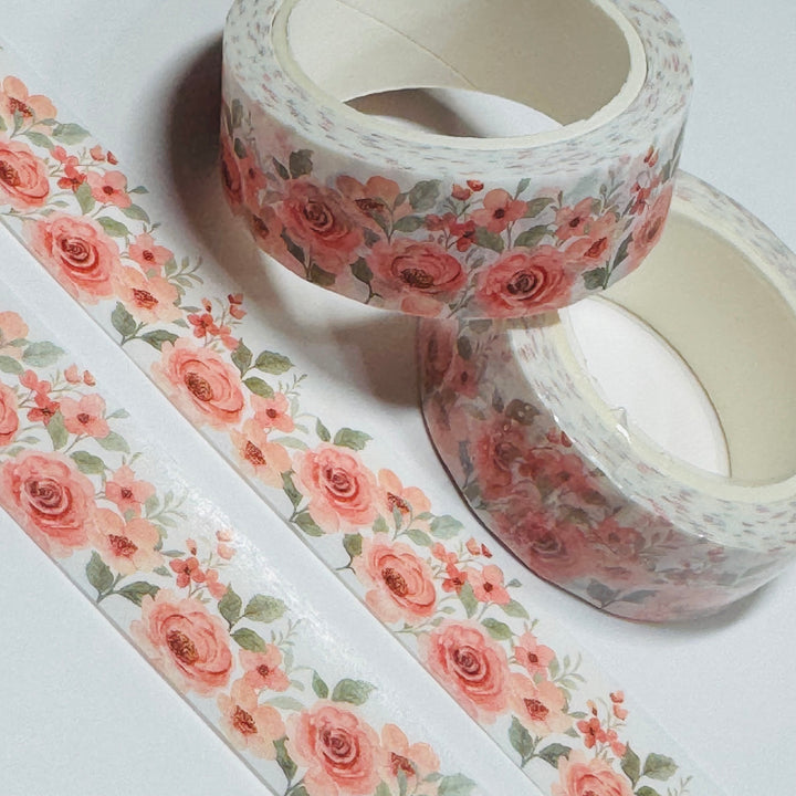 PEACH CABBAGE ROSES Floral Washi Tape ~ 1 Roll ~ 15mm x 10m (33 Feet)