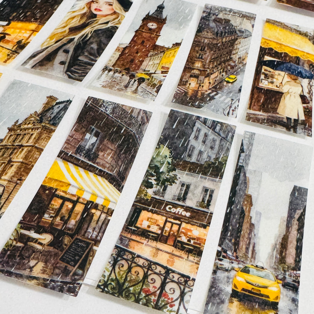 RAINY DAY GIRL In The City Ephemera Sticker Pack ~ 25 Pieces ~ 30mm x 95mm