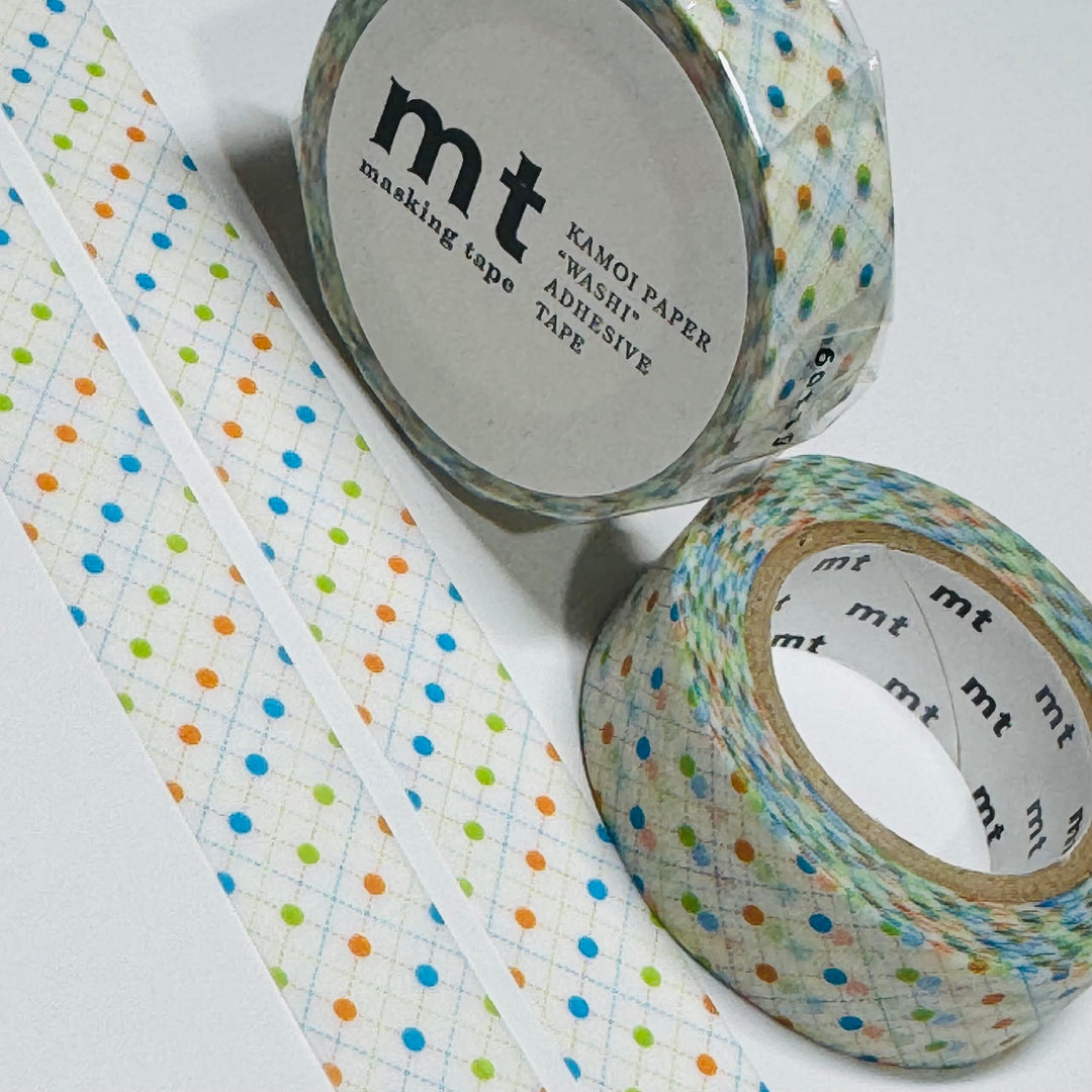 QUILTED GRID GREEN Dot Mt on White Washi Tape ~ 1 Roll ~ 15mm x 10m (33 Feet)